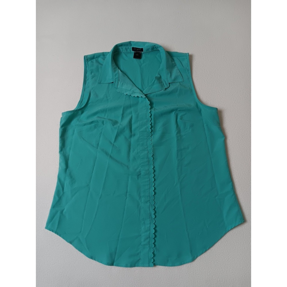 Ann Taylor Green Sleeveless Blouse Womens Size L Collared Scallop Polyester